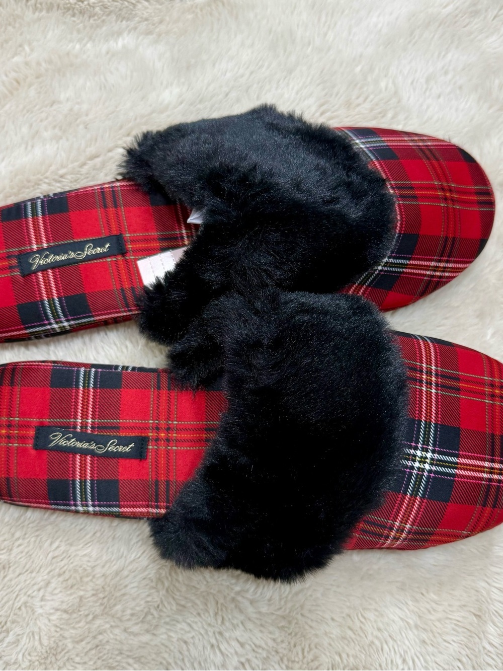 Victoria's Secret Red Plaid Slipper Slides with Black Faux Fur